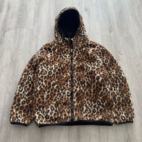 Victoria's Secret PINK Leopard print Sherpa Black Reversible Zip hooded Jacket - Picture 1 of 7